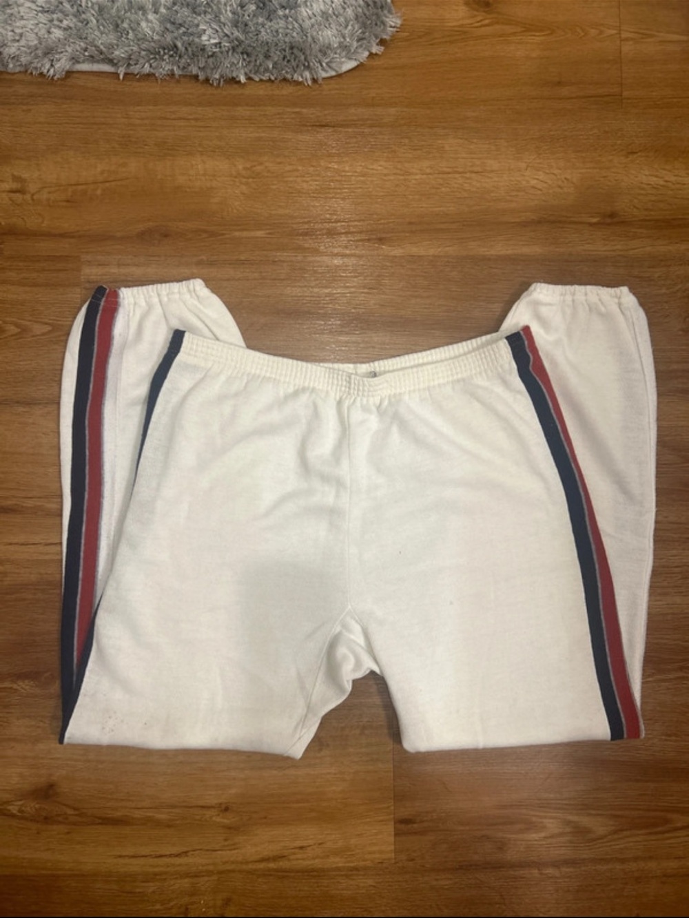Women's Vintage Fleece Mates White Jogger Pants with Red & Navy Side Stripes